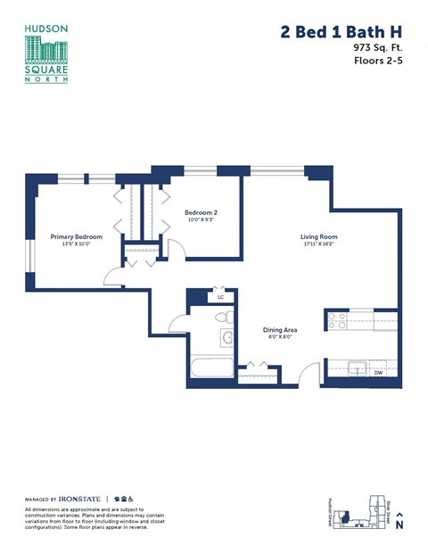 Floor plan for 2 beds, 1 bath, 973 sqft